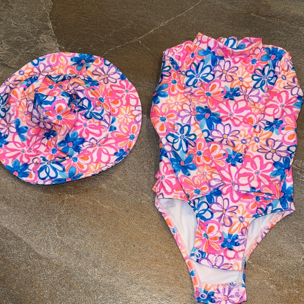 Andy & Evan Vibrant Floral Kids One piece bathing suit with Matching hat 6-9 m